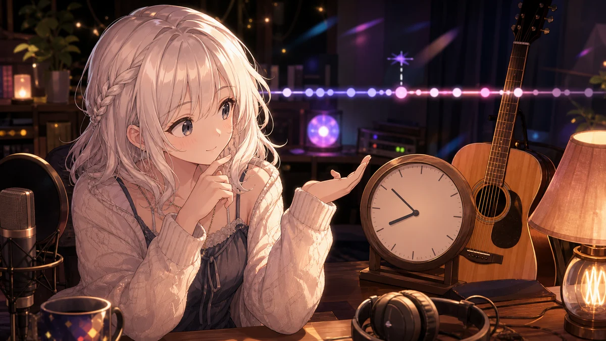 夜の配信机で時計とアコースティックギターを見比べるオリジナル女性キャラクターのイメージ