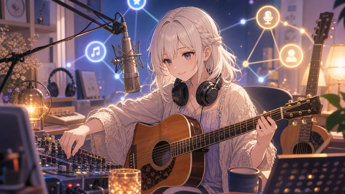 アコースティックギターと配信マイクを前に音響機材を調整するオリジナル女性キャラクターのイメージ
