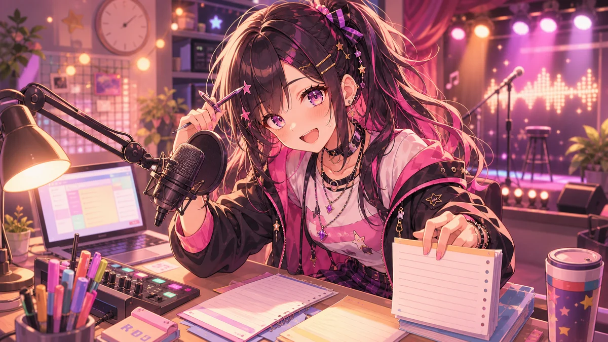 配信机で歌詞メモとマイクを前に慌てながら笑うオリジナル女性キャラクターのイメージ