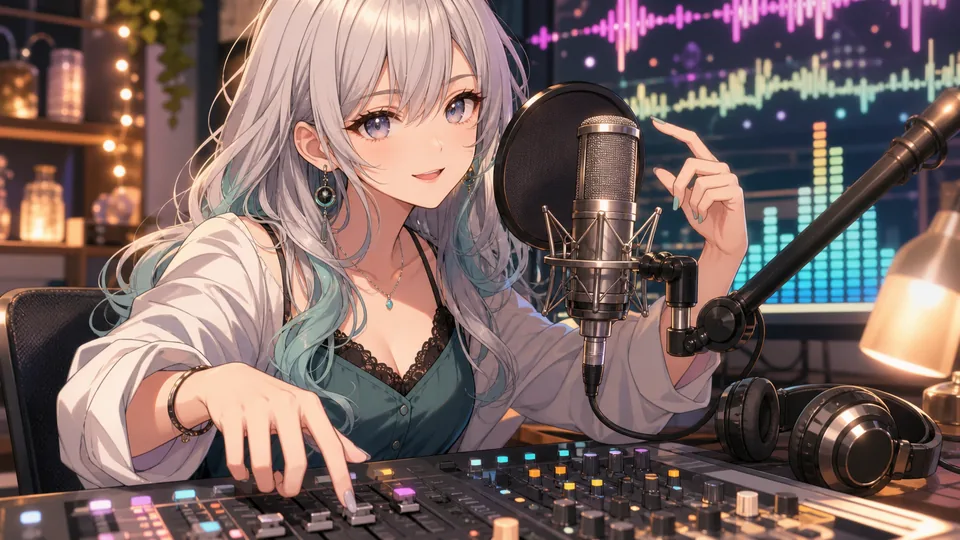 配信卓で音量フェーダーと大きなマイクの位置を調整するオリジナル女性キャラクターのイメージ