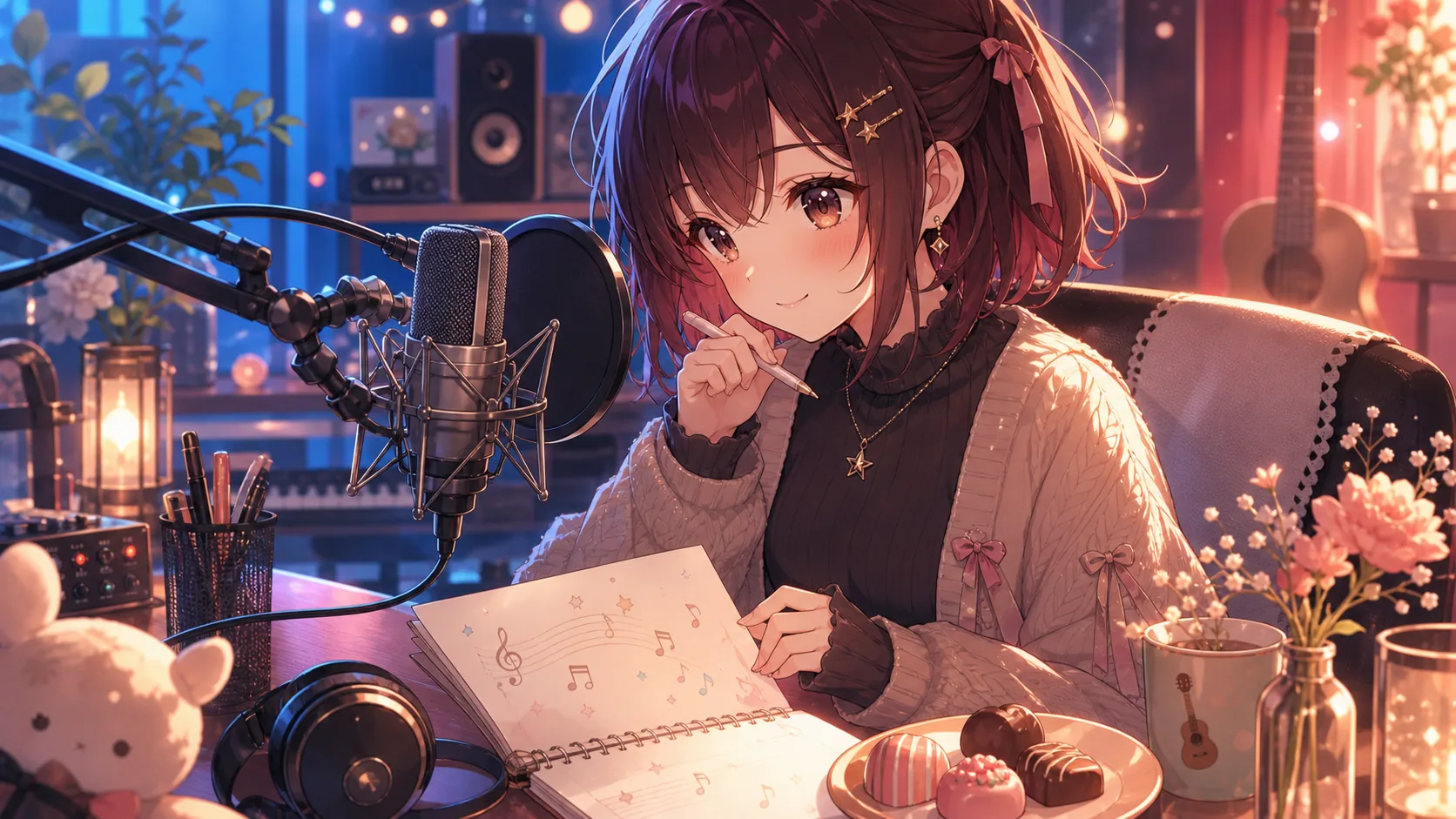 配信机でマイクと小さな音楽メモを前にカバー曲への思いを整えるオリジナルキャラクターのイメージ