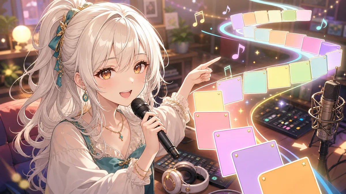 マイクを持つ女性キャラクターが配信部屋で色分けされたカード状のセトリを指している