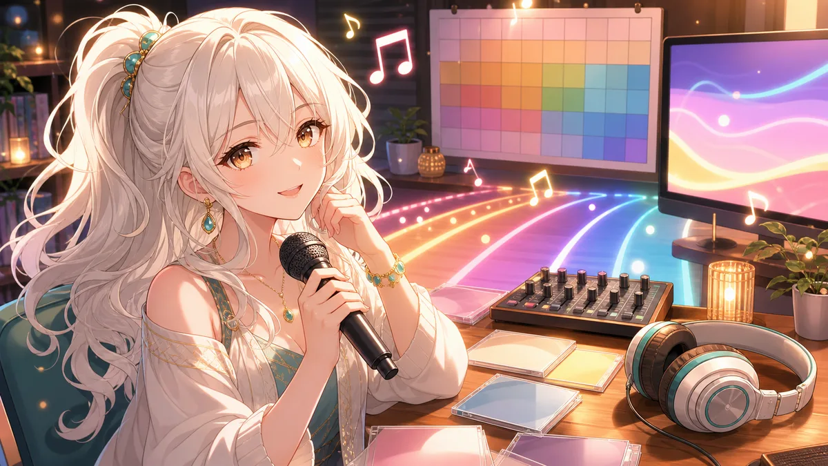 女性キャラクターが音楽スタジオでマイクを手にし、色の違う光のレーンとCDを前にしている