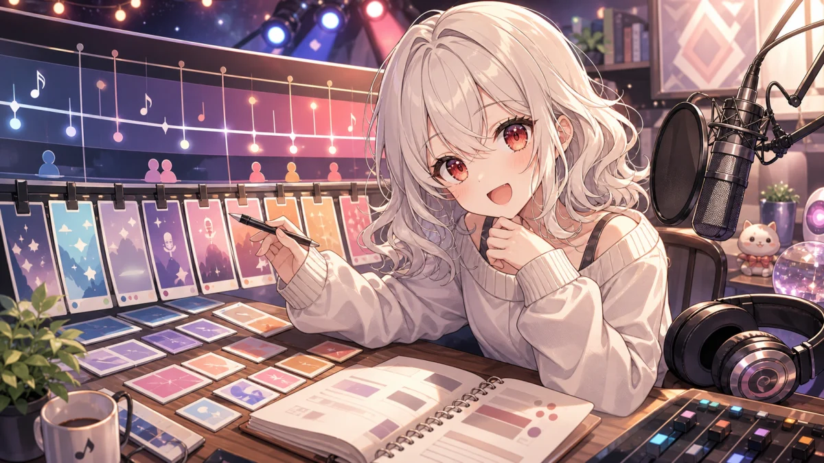 白髪の女性キャラクターが音楽スタジオの机で色分けされた曲順カードとタイムラインを見ている