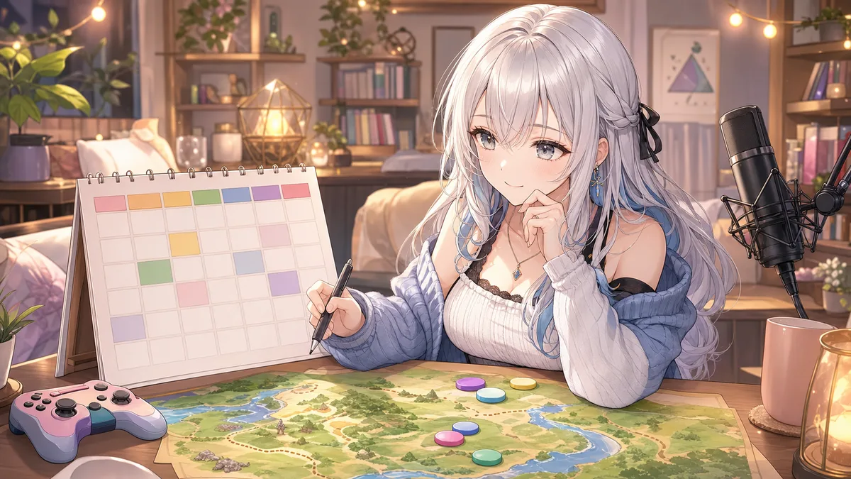 ゲーム配信の予定表と冒険の地図を前に考える女性キャラクター