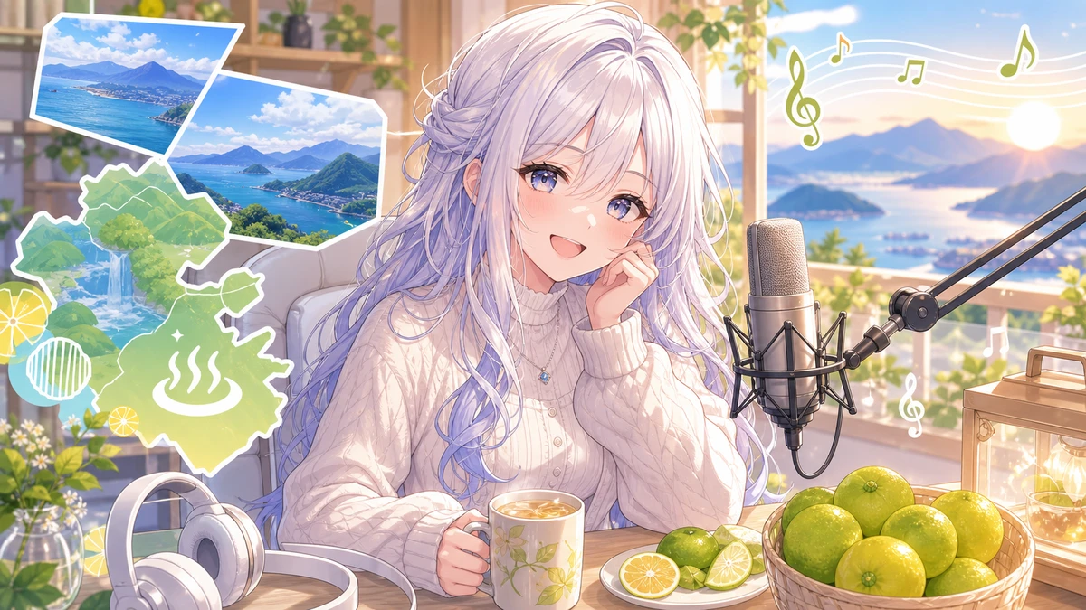 朝の配信部屋で大分の観光メモとカボス色の小物を並べる女性キャラクターのイメージ