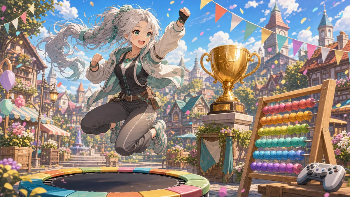ジャンプ台と金色のトロフィーを前に回数メモを数えるオリジナル女性キャラクターのイメージ