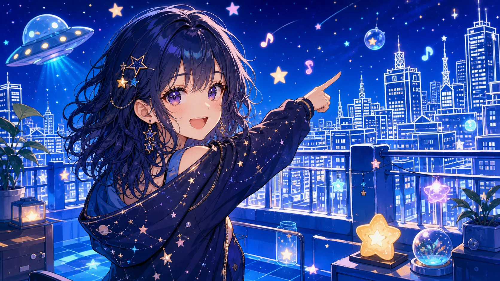 青い屋上と白黒の街並みを背景に歌ってみた動画の画面設計を表すオリジナル女性キャラクターのイメージ