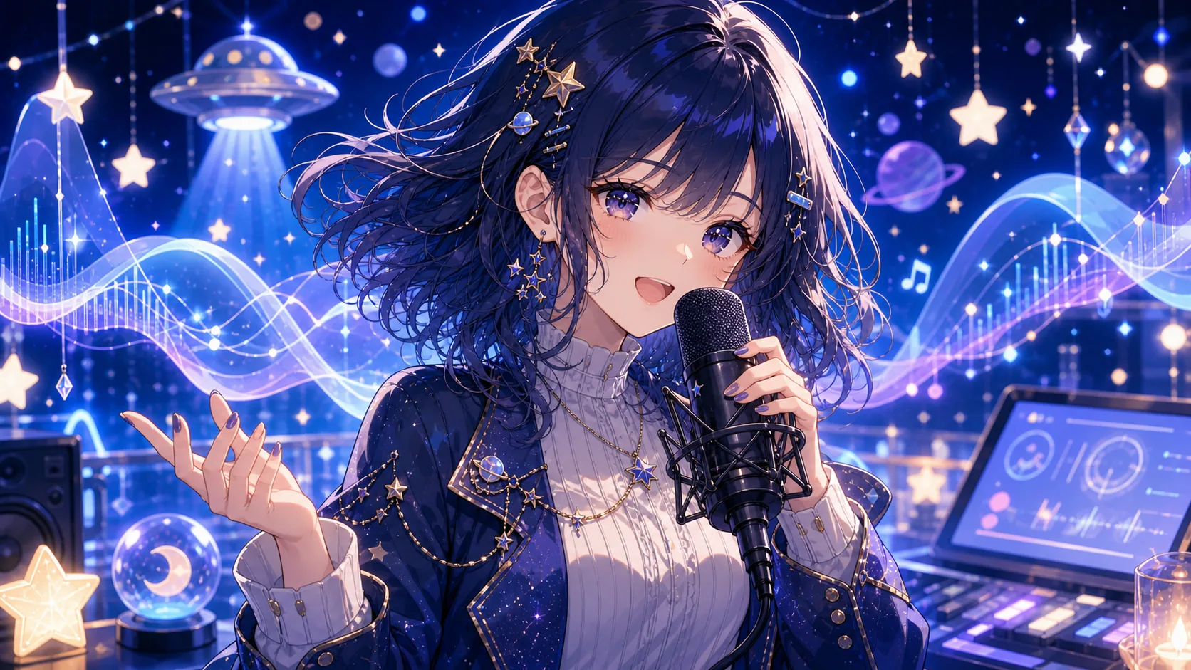 青いステージでマイクと浮遊する音の光を前に歌うオリジナル女性キャラクターのイメージ