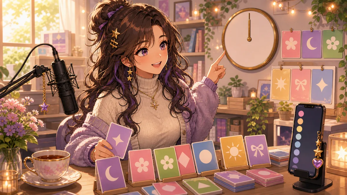 朝活の配信部屋でアニメ企画用のメモを整えるオリジナル女性キャラクターのイメージ