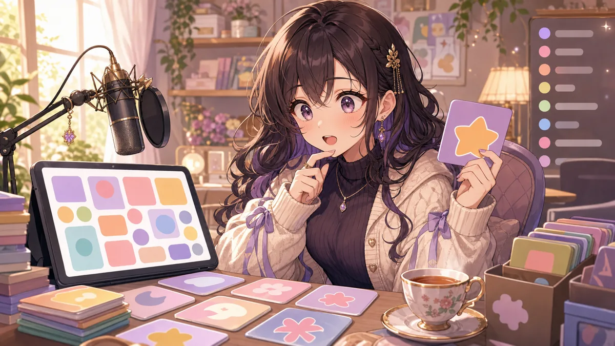 知らないアニメを調べながらコメントと会話する配信部屋のオリジナル女性キャラクターのイメージ