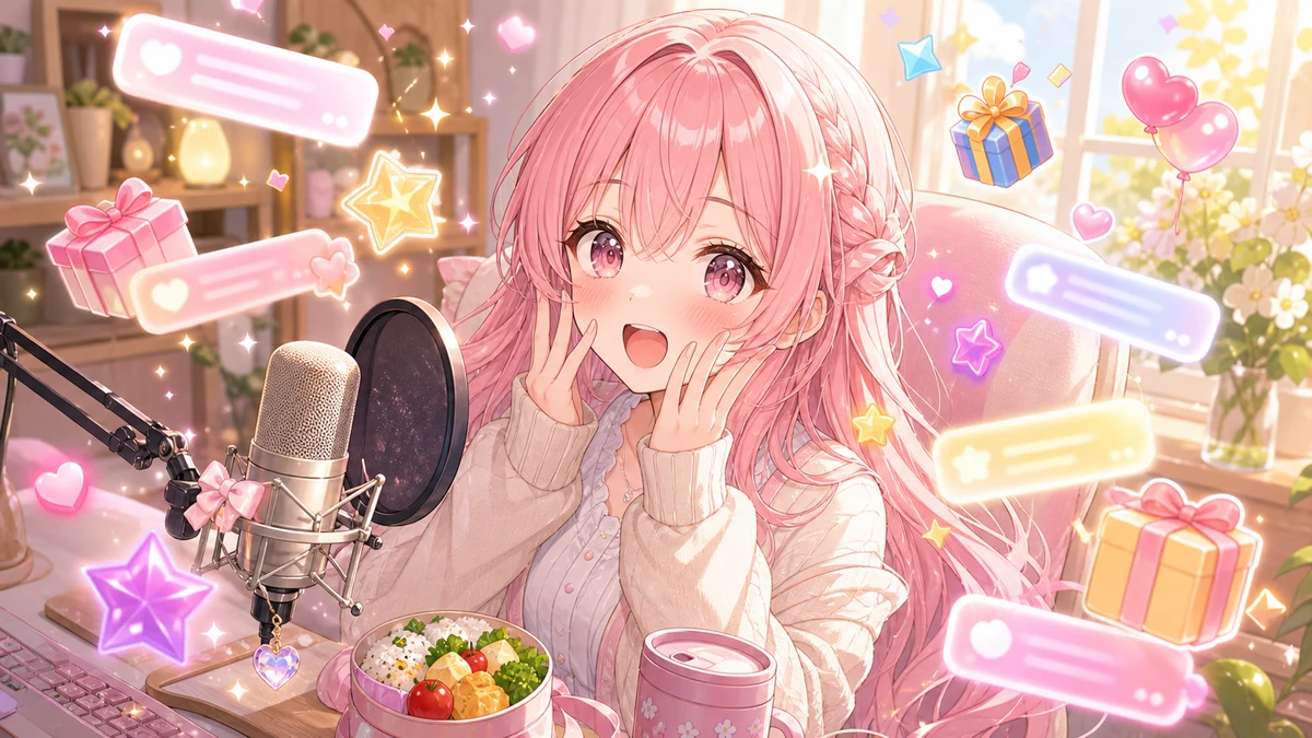 配信画面風の抽象UIと小さな光のアイコンが重なり、机の前で驚く女性キャラクターのイメージ