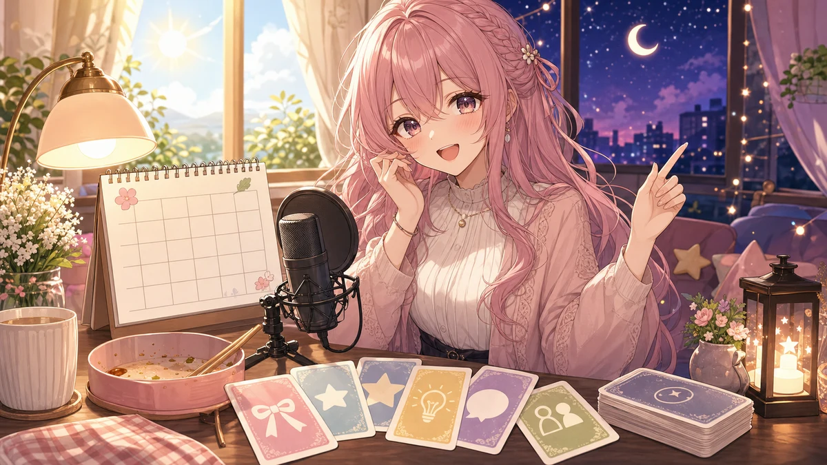 夜の予定を示すカレンダーとカードゲーム風の小物を前に、明るい表情で準備する女性キャラクターのイメージ