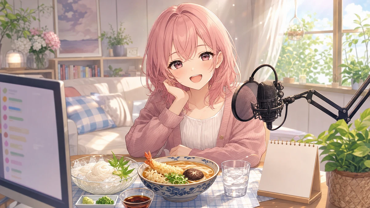 配信机に冷たい麺と小皿を並べ、朝のコメントを読む女性キャラクターのイメージ