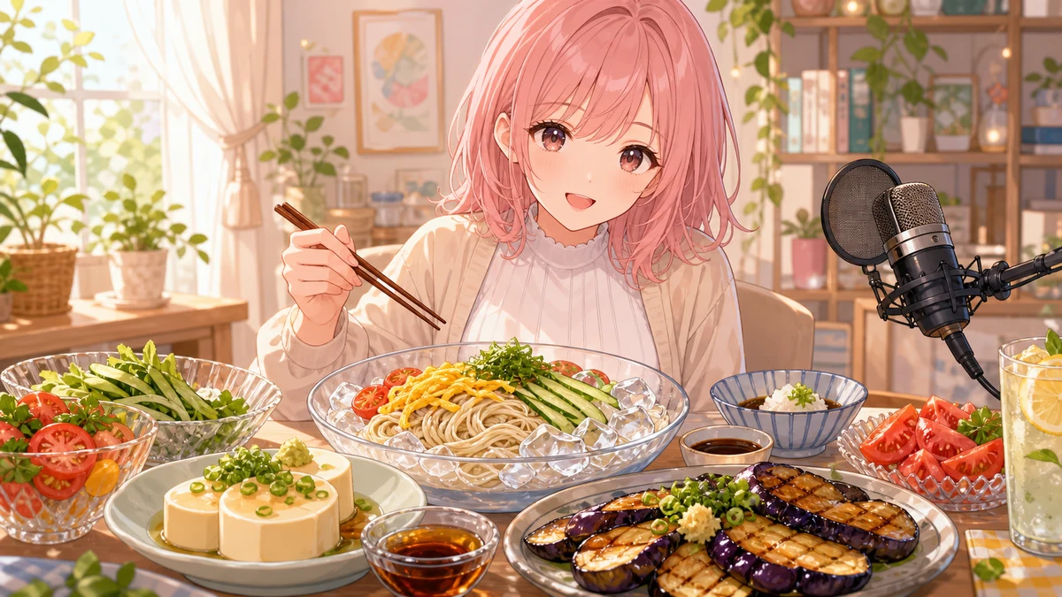 夏野菜と冷たい料理が並ぶ明るい配信部屋で、コメントを見ながら料理メモを取る女性キャラクターのイメージ