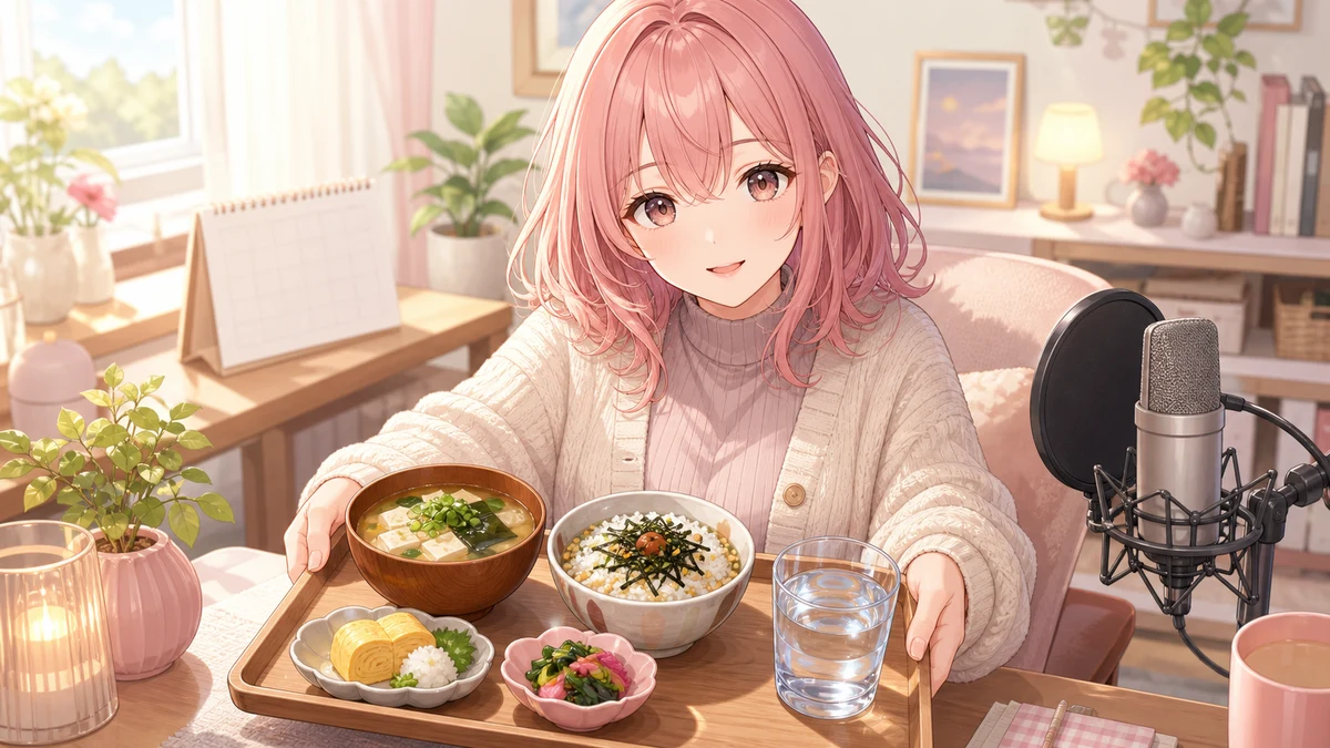 朝の配信部屋で温かいスープと水のグラスを置き、視聴者を気遣う女性キャラクターのイメージ