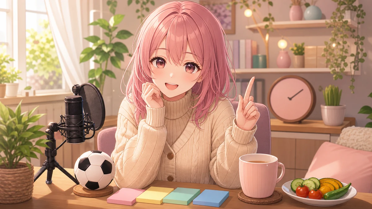 カレンダーとサッカーボール型の小物を置いた配信机で予定を確認する女性キャラクターのイメージ