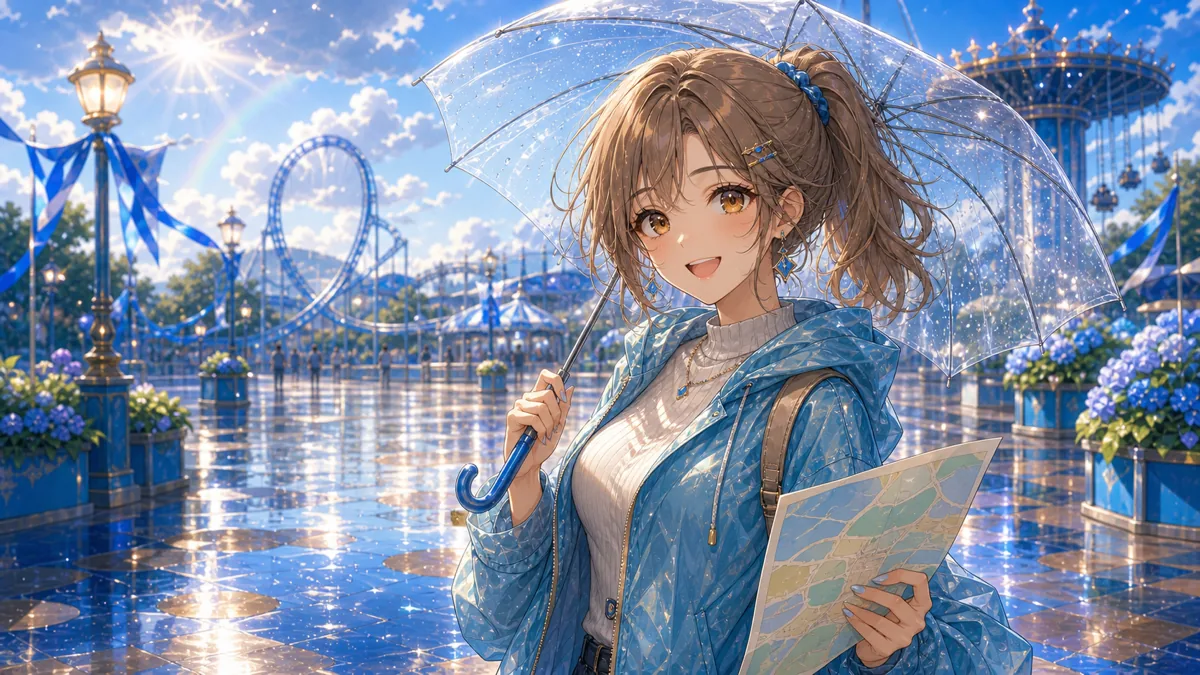雨上がりのテーマパークでレインコート姿のオリジナル女性キャラクターが青い光とアトラクションを眺めるイメージ