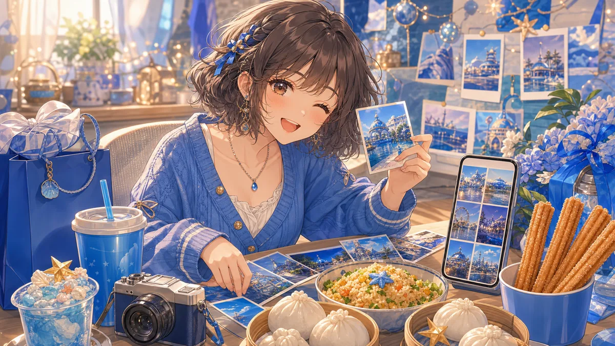 パークフードと写真整理を並べた配信机で笑顔のオリジナル女性キャラクターがSNS投稿を準備するイメージ