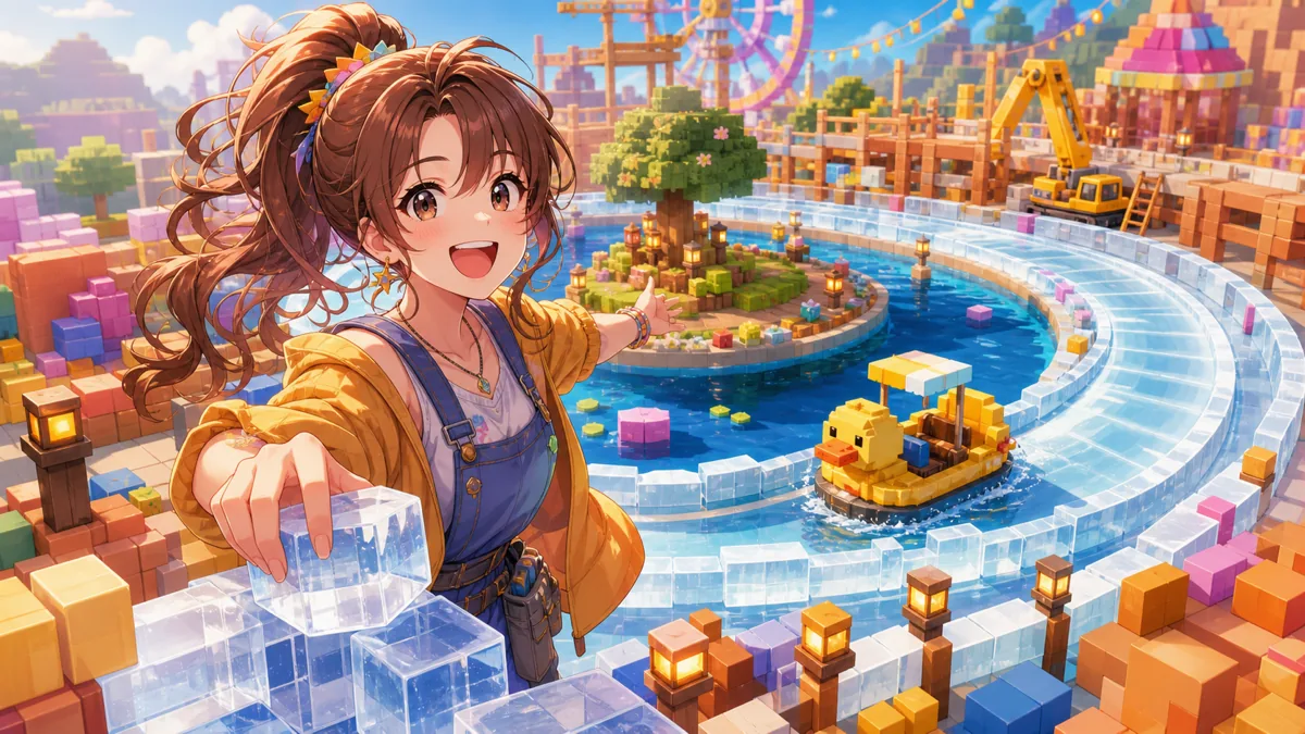 氷レーンとアヒルボートのある遊び場を整えるオリジナルキャラクターのイメージ