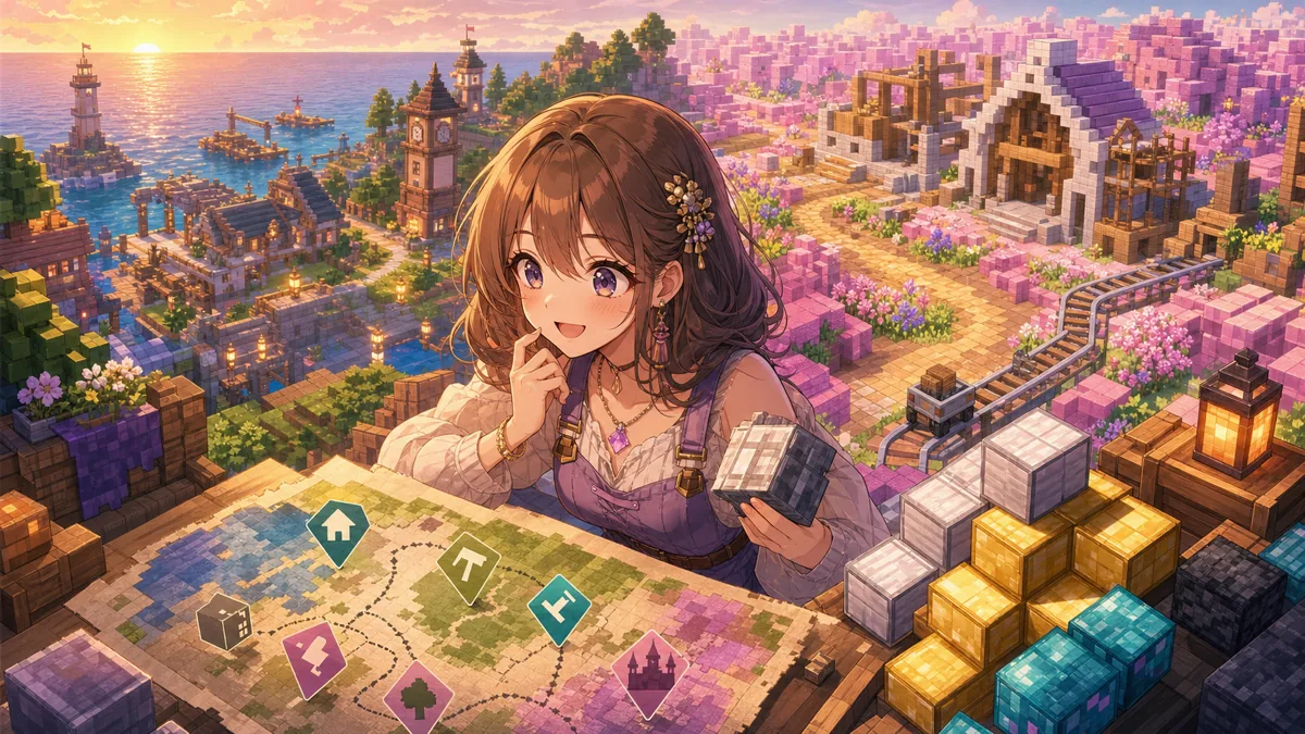 海辺と新エリアの整地メモを見比べるオリジナルキャラクターのイメージ