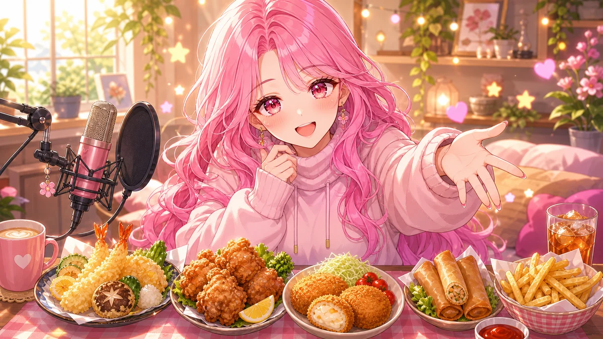 朝の配信デスクで揚げ物の小皿を前にコメントを読む女性キャラクターのイメージ