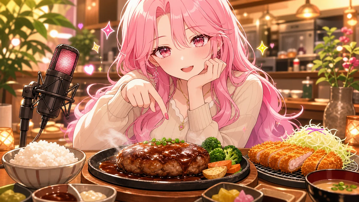とんかつ屋のテーブルでハンバーグと小皿を前に話す女性キャラクターのイメージ