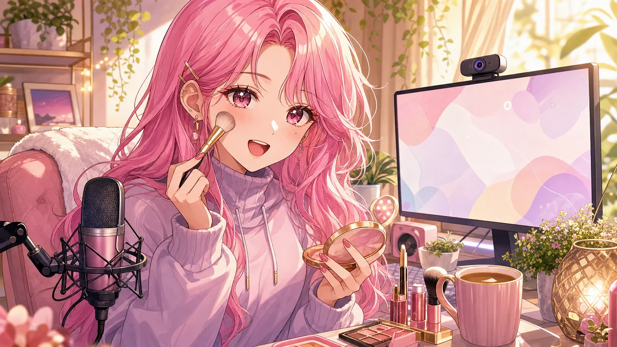 朝の鏡と配信モニターを前にメイクしながら話す女性キャラクターのイメージ