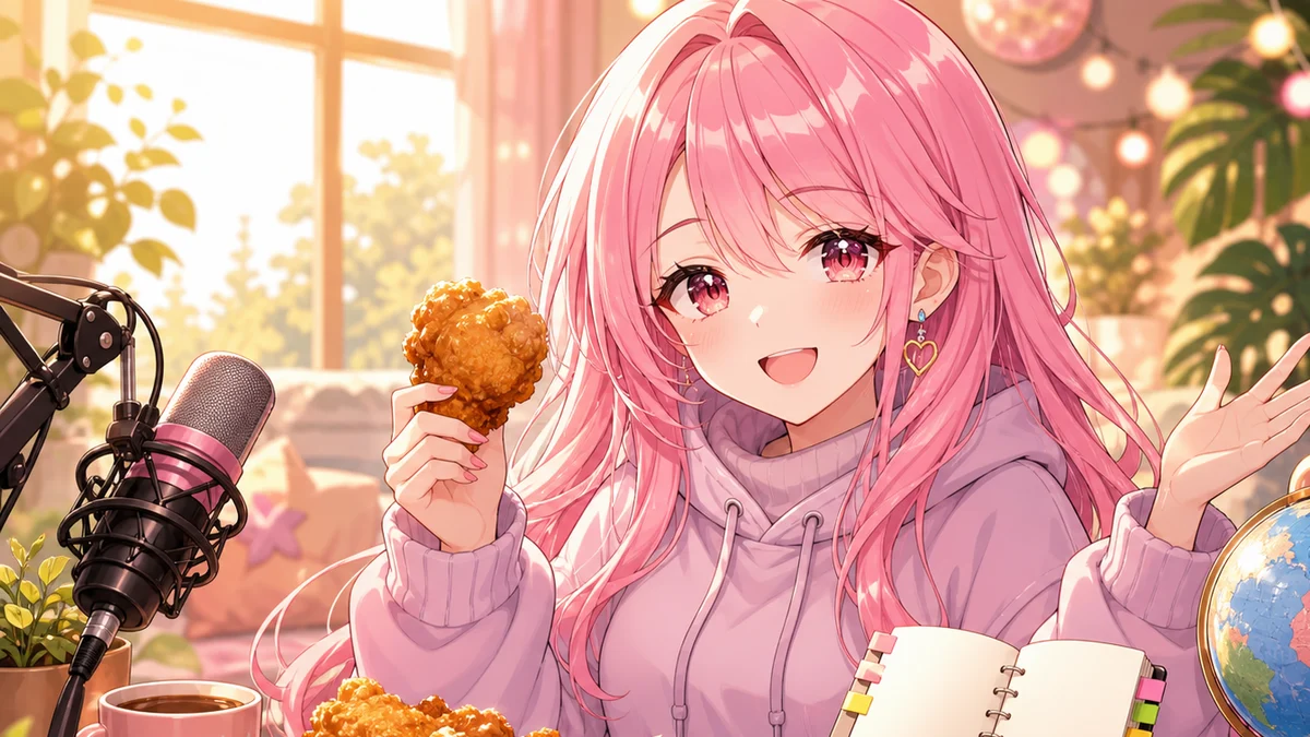 コンビニチキンと旅行メモを前に海外の友人の話をする女性キャラクターのイメージ