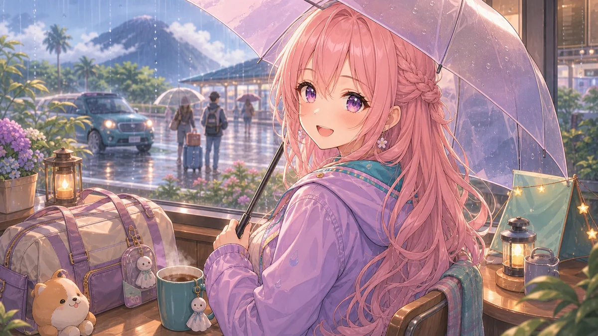 雨の旅行と移動の記憶を話しながら、連休明けの朝を振り返るイメージ