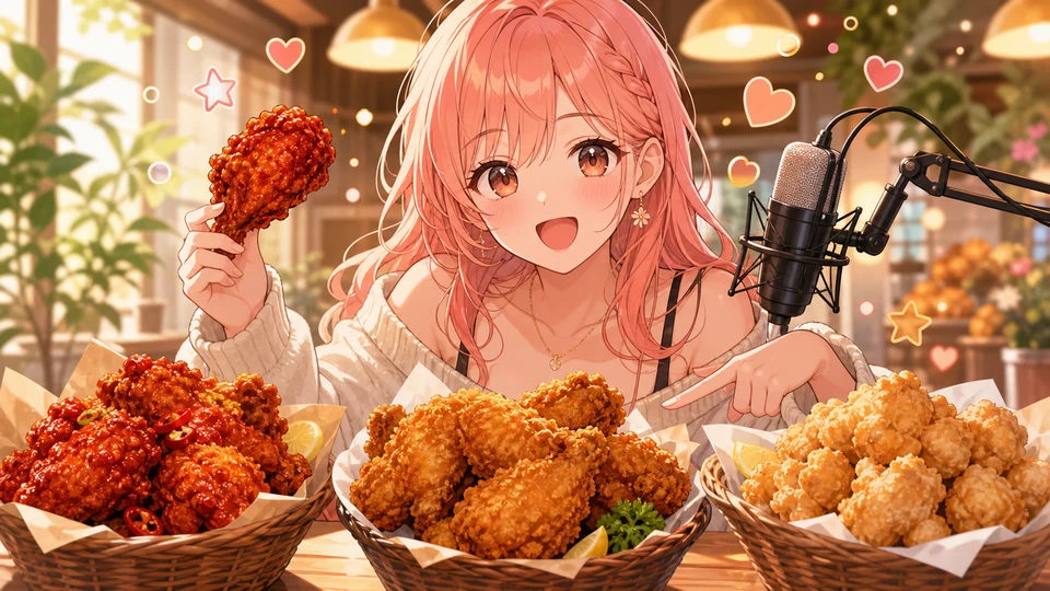辛いチキンや複数のフライドチキンを比べながら朝の配信をするオリジナル女性キャラクターのイメージ