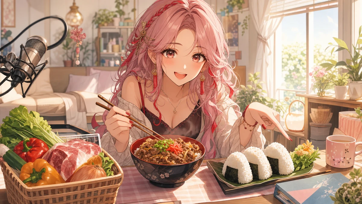 明るい朝の配信部屋で丼とおにぎりを並べて話す人物のイメージ