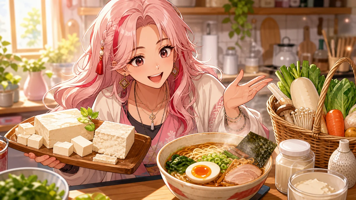 スーパーの豆腐売り場と湯気の立つラーメンを背景に会話する人物のイメージ