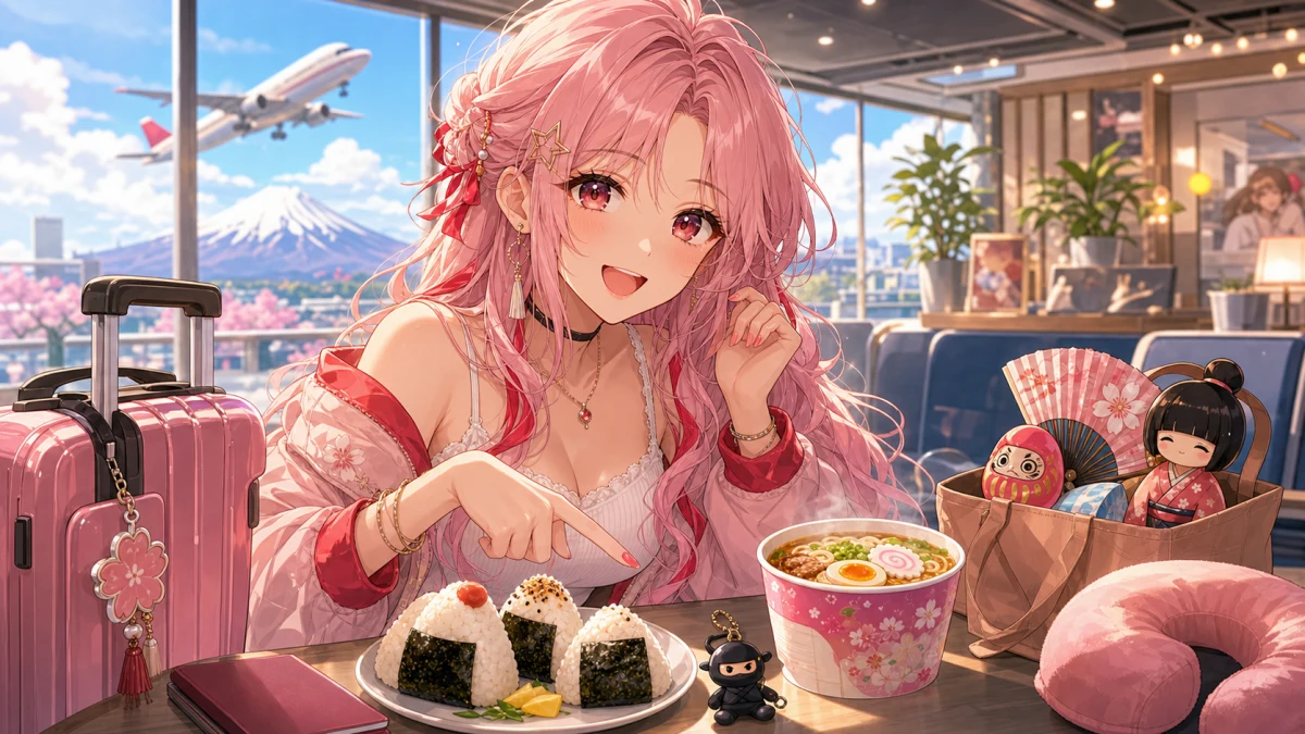 空港と旅行かばんを背景にアニメグッズの話で盛り上がる人物のイメージ