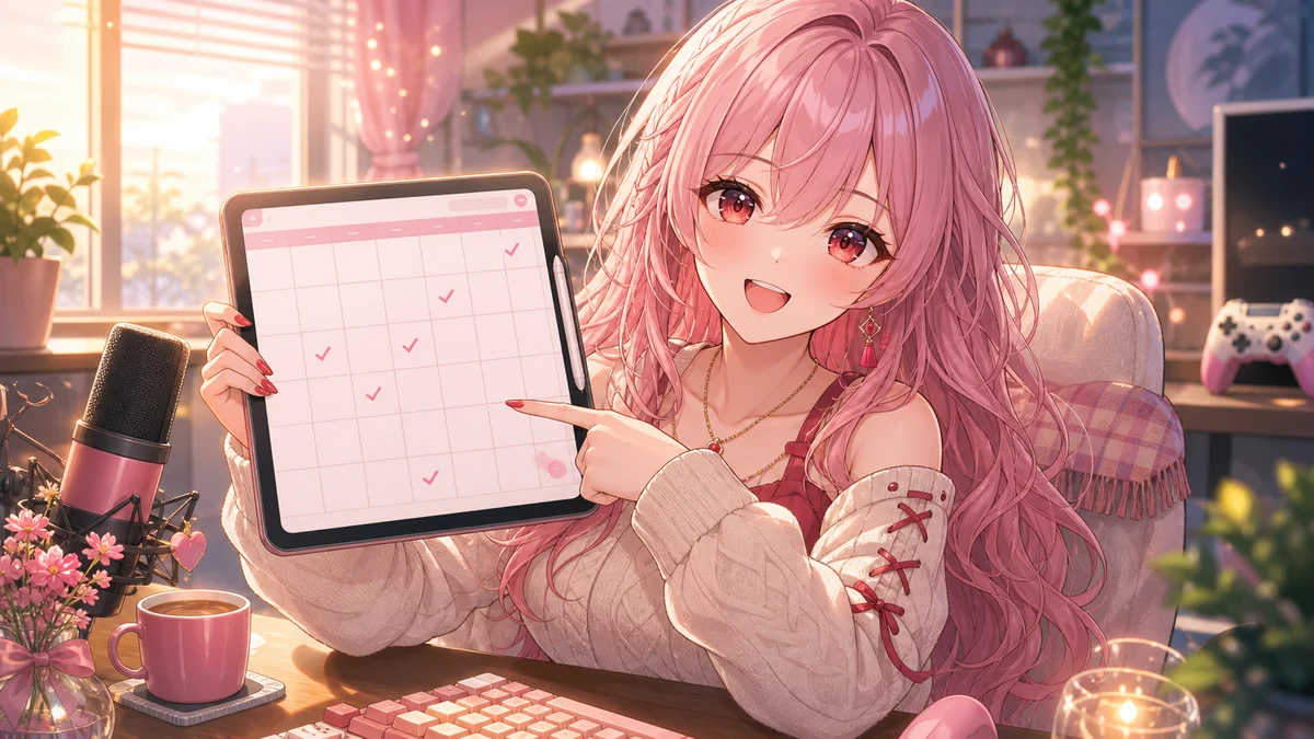 朝の配信部屋でカレンダーと小さなチェックアイコンを確認する女性キャラクターのイメージ