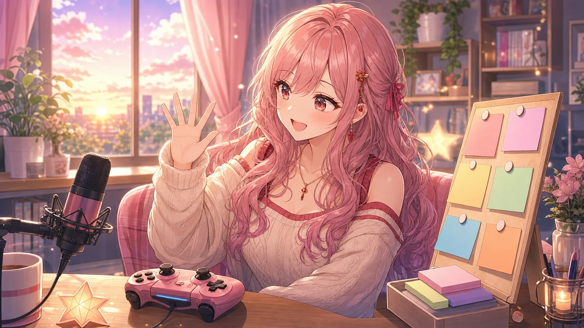 朝の配信机で作業メモとゲームコントローラーを前に手を振る女性キャラクターのイメージ