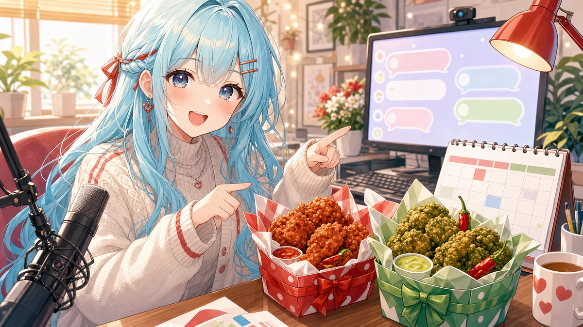 赤と緑のライトに照らされたテーブルでチキン型の抽象小物を見ながら話す女性キャラクターのイメージ