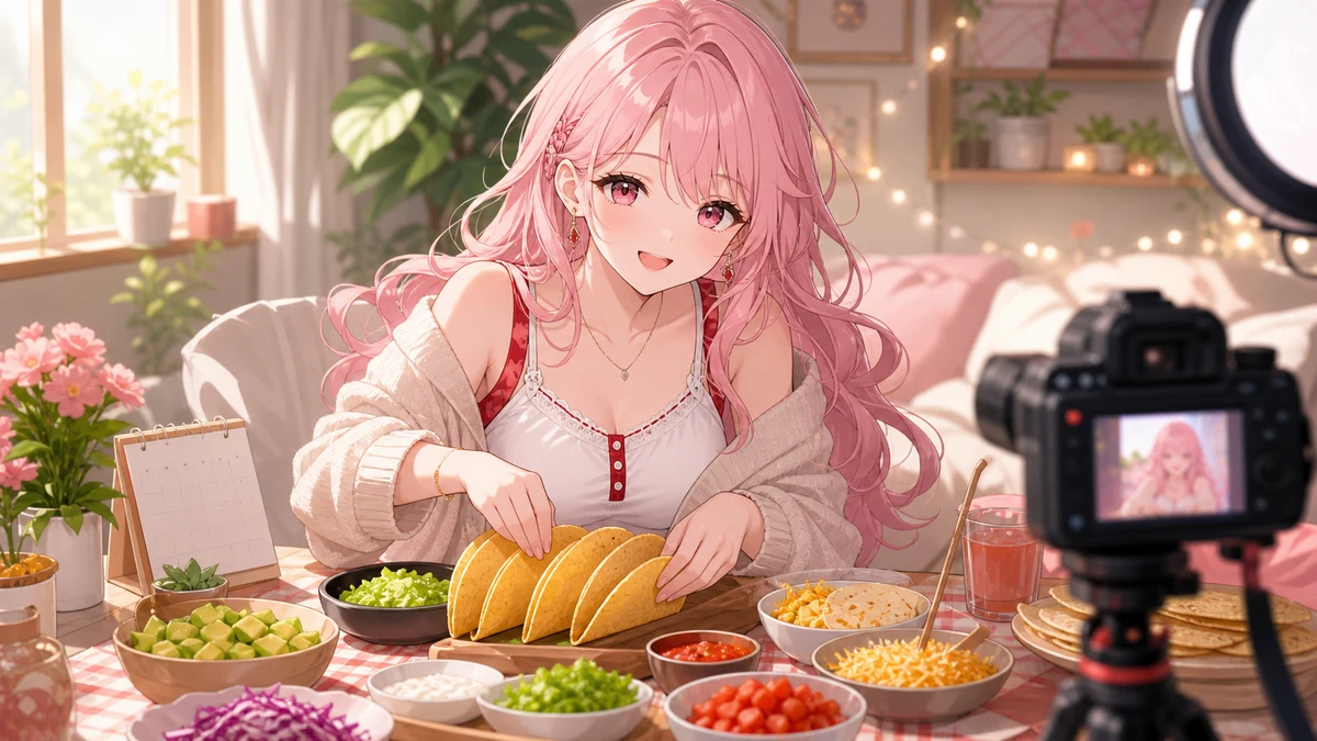明るい朝の配信部屋でタコスの具材と小皿を並べて笑う女性キャラクターのイメージ