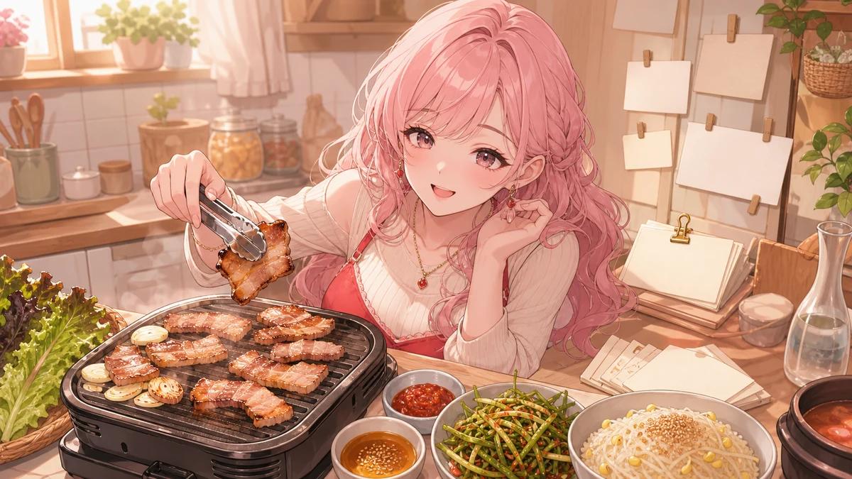 サムギョプサルの小皿とネギの和え物を前に料理メモを取る女性キャラクターのイメージ