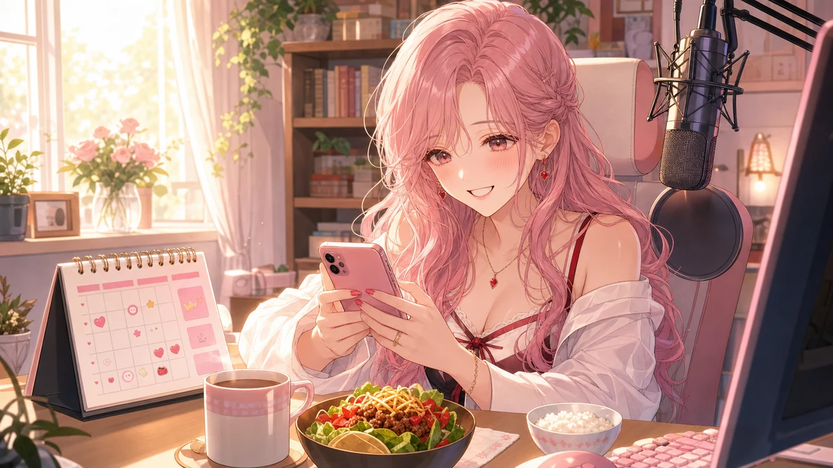 朝の配信机にカレンダー、スマートフォン、料理小物を並べてコメントを読む女性キャラクターのイメージ