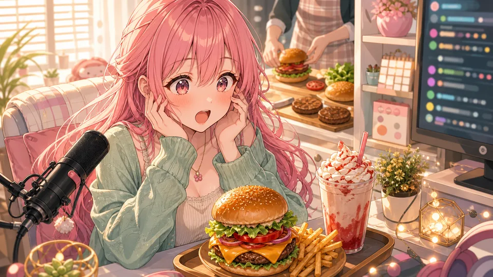 朝の配信部屋でハンバーガーとシェイクを前にコメントを見る女性キャラクターのイメージ