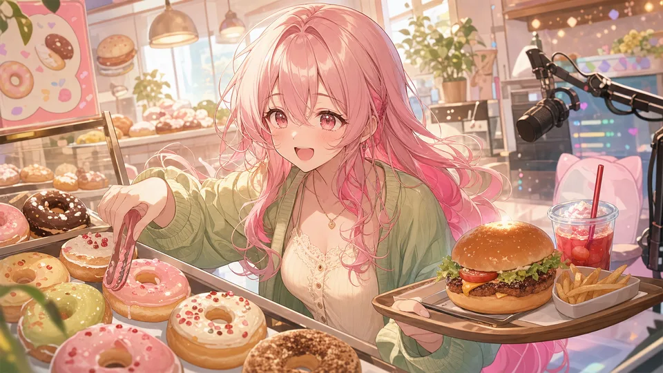 ドーナツ棚とハンバーガーのカウンターを見て驚く女性キャラクターのイメージ