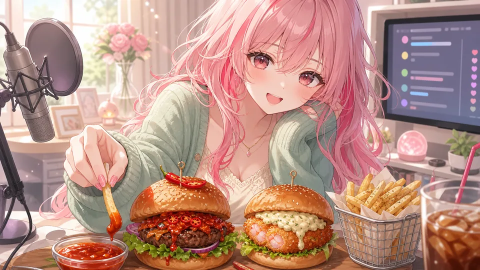 スパイシーなハンバーガーと小皿のソースを前に笑う女性キャラクターのイメージ