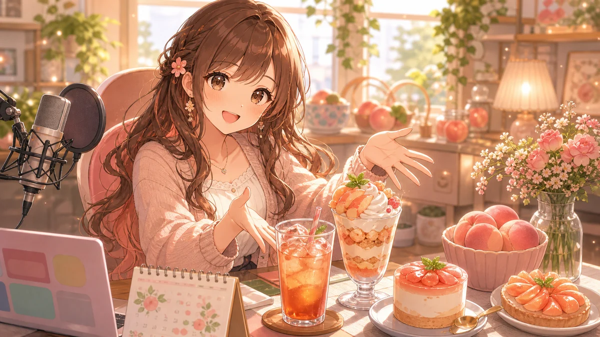朝の配信机に桃色のドリンクとカフェの新作メニュー風の小物を並べたイメージ