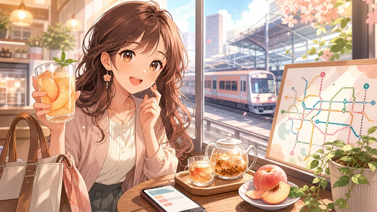 桃色のウーロンティー風ドリンクと駅の案内板、小さな通勤バッグを置いた朝の雑談イメージ