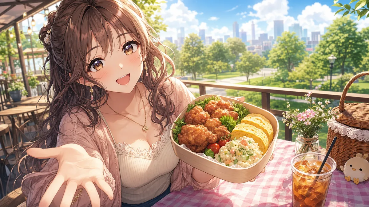 テラス席と弁当を前に笑うオリジナル女性キャラクターのイメージ