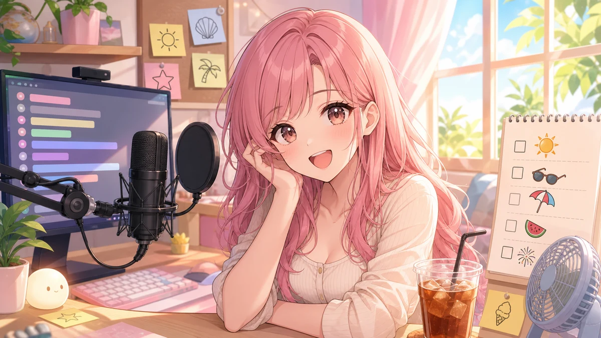 朝の配信部屋で夏の予定をメモしながらコメント欄を眺める人物キャラクターのイメージ
