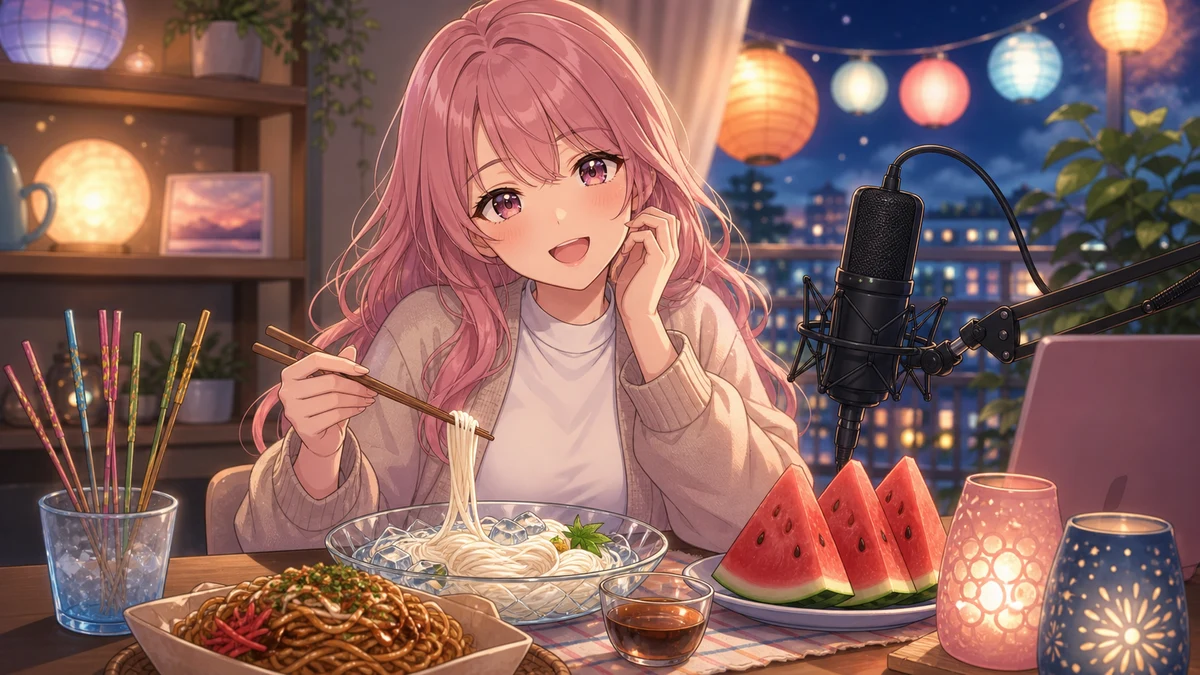そうめん、線香花火、スイカを配信机に並べたバーチャル夏祭りのイメージ