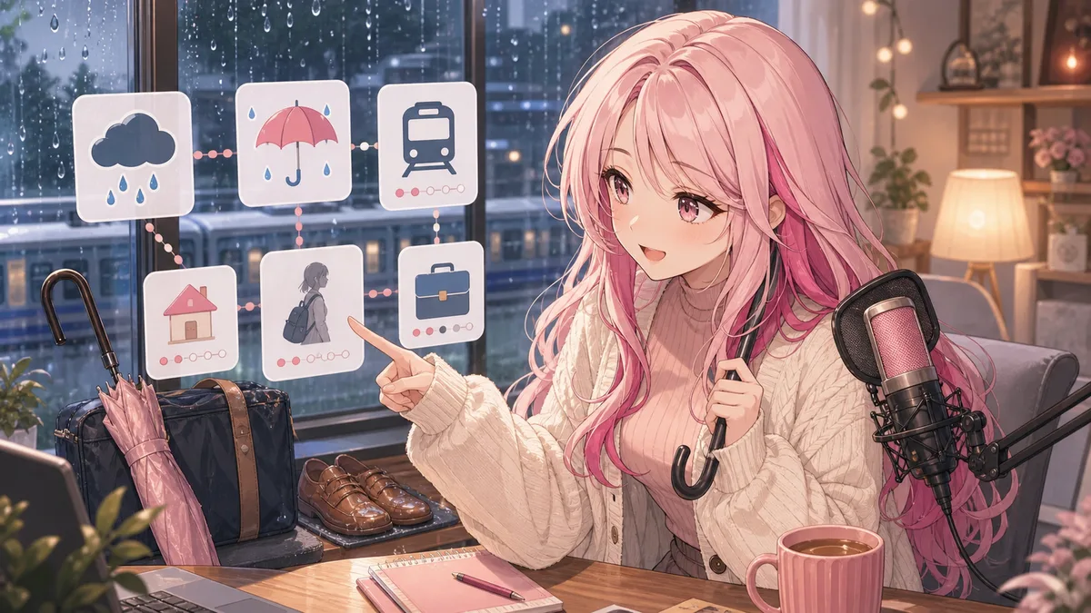雨の窓辺で天気画面を見ながらコメントに手を振る女性キャラクターのイメージ