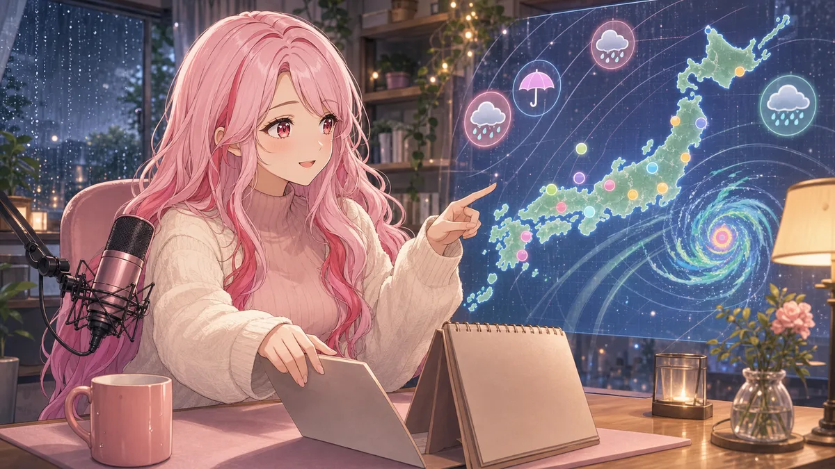 日本地図と雨雲の抽象UIを背景に、カレンダーを閉じてマイクへ向かう女性キャラクターのイメージ
